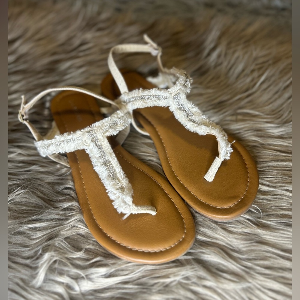 Maurices White and Tan T-Strap Sandals